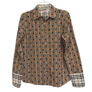 Tizzie Womens Tan Plaid Polka Dot Button Down Shirt Long Sleeve Cotton S NWOT
